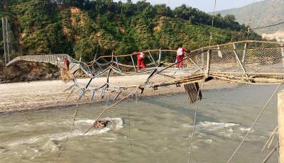 Students Crossing Suspension Bridge at Risk Image